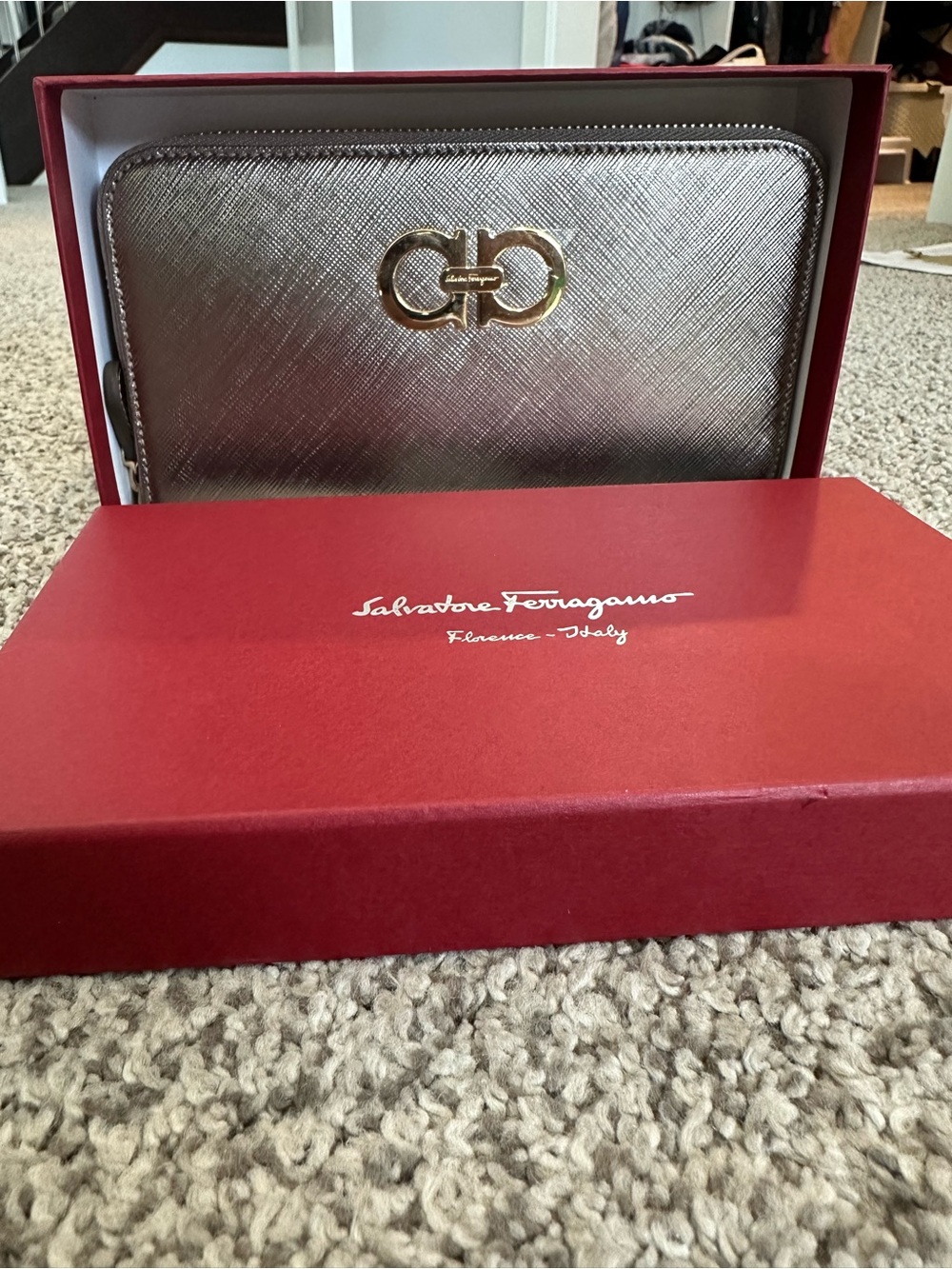 Salvatore Ferragamo Metallic Silver Zip-Around Wallet
